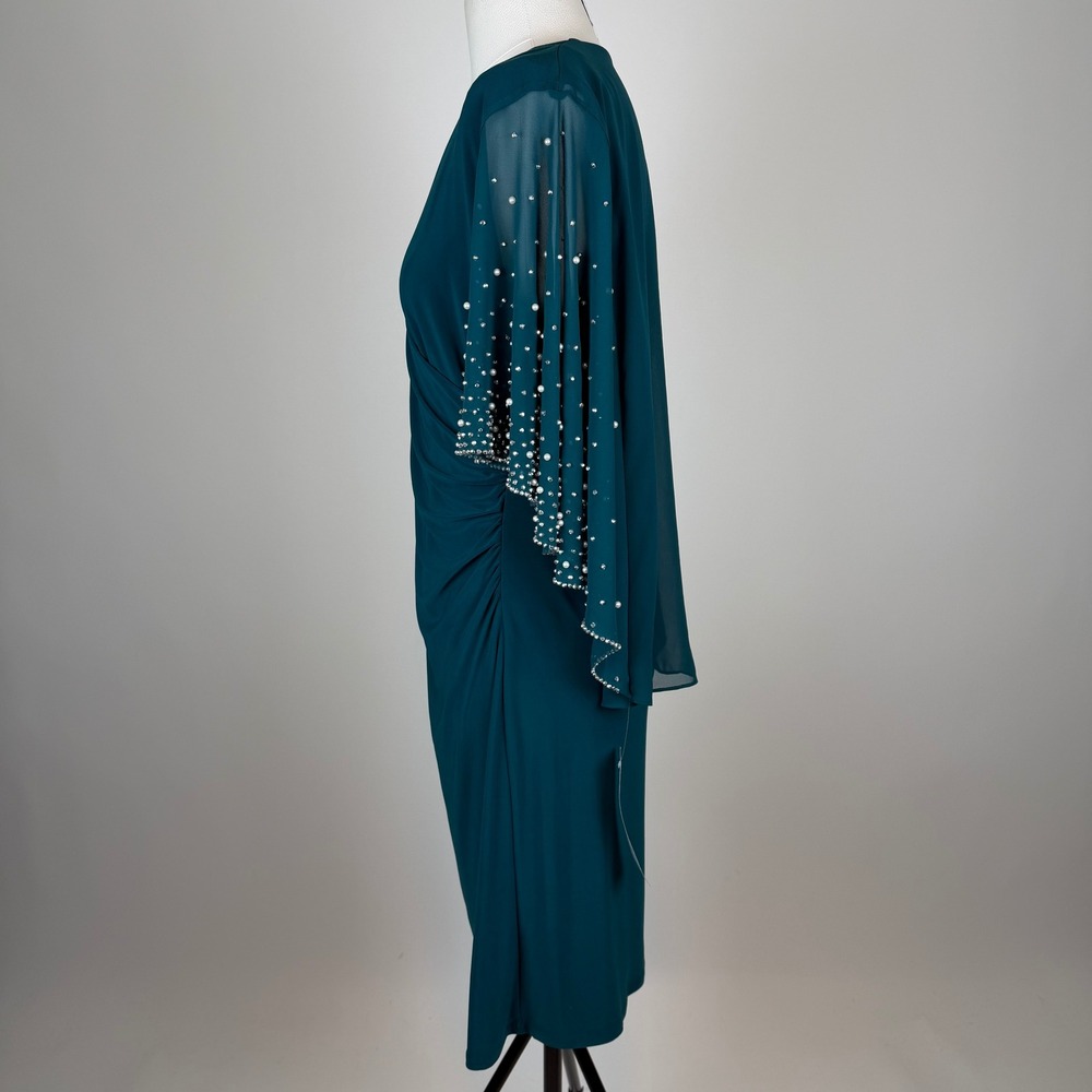 NWT MSK Neo Emerald Faux Wrap Cape Dress Embellished Pearl Sleeves Size Medium - Picture 5 of 9
